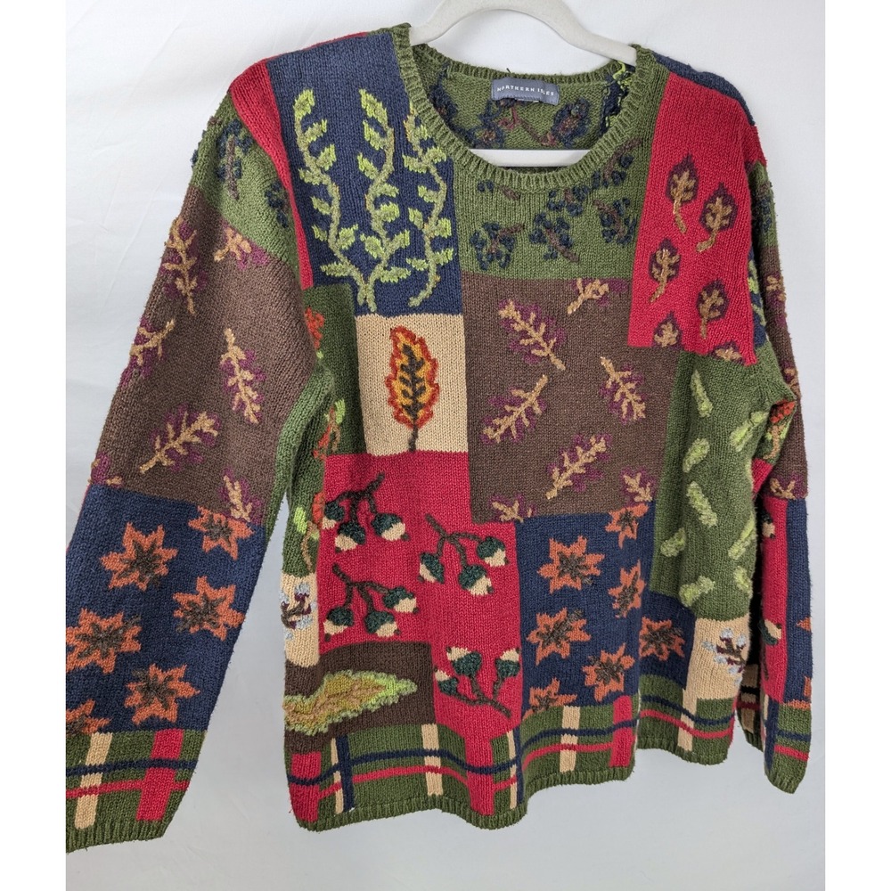 Vintage 90s Patchwork 3D Embroidered Sweater Size L Leaf Acorn Plaid Cottagecore